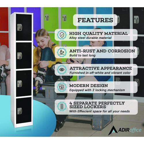 Image of AdirOffice ADI629204BLK Steel Storage Locker, 4 Compartment, 12 x 12 x 72, Black