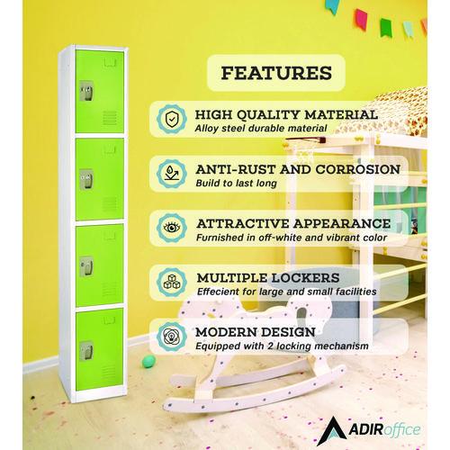 Image of AdirOffice ADI629204GRN Steel Storage Locker, 4 Compartment, 12 x 12 x 72, Green
