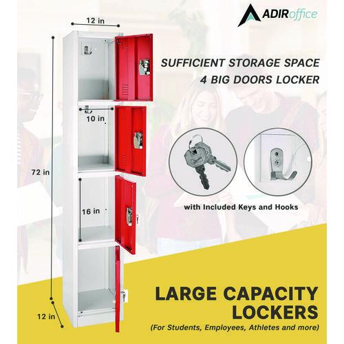 Image of AdirOffice ADI629204RED Steel Storage Locker, 4 Compartment, 12 x 12 x 72, Red