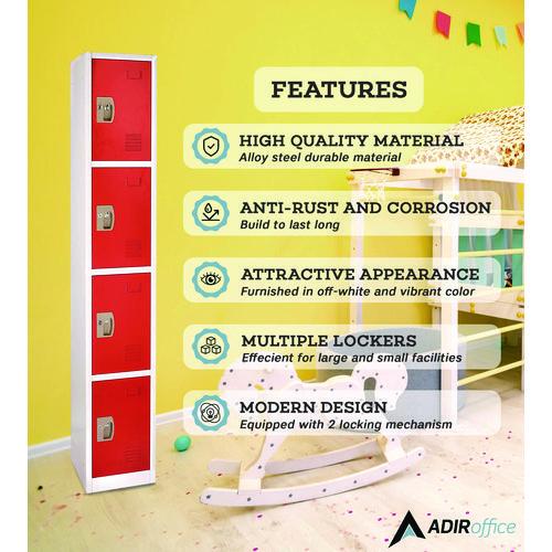 Image of AdirOffice ADI629204RED Steel Storage Locker, 4 Compartment, 12 x 12 x 72, Red