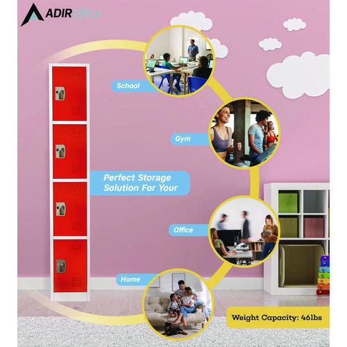 Image of AdirOffice ADI629204RED Steel Storage Locker, 4 Compartment, 12 x 12 x 72, Red