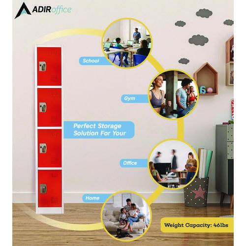 Image of AdirOffice ADI629204RED Steel Storage Locker, 4 Compartment, 12 x 12 x 72, Red