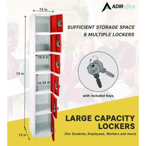 Image of AdirOffice ADI629206RED Steel Storage Locker, 6 Compartment, 12 x 12 x 72, Red