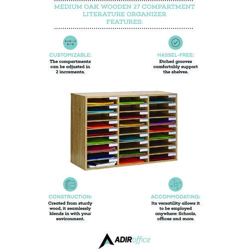 Image of AdirOffice ADI20101MEOMK Wooden 27 Compartment Literature Organizer, 27 Sections, Letter Size, 31.49 x 11.81 x 21.65, Medium Oak