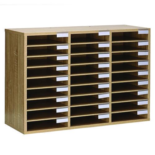 Image of AdirOffice ADI20101MEOMK Wooden 27 Compartment Literature Organizer, 27 Sections, Letter Size, 31.49 x 11.81 x 21.65, Medium Oak