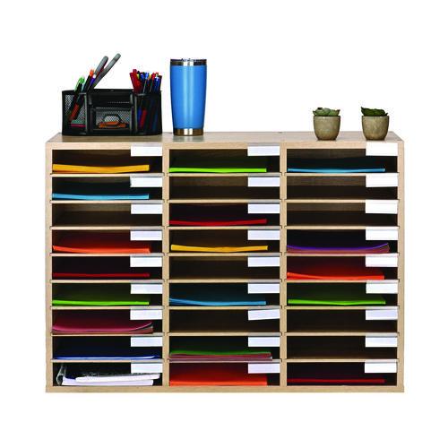 Image of AdirOffice ADI20101MEOMK Wooden 27 Compartment Literature Organizer, 27 Sections, Letter Size, 31.49 x 11.81 x 21.65, Medium Oak