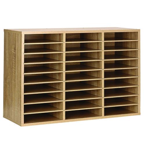 Image of AdirOffice ADI20101MEOMK Wooden 27 Compartment Literature Organizer, 27 Sections, Letter Size, 31.49 x 11.81 x 21.65, Medium Oak
