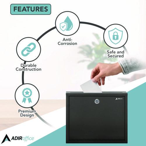 Image of AdirOffice ADI63103BLKMK Large Size Steel Multi-Purpose Secure Drop Box, 12 x 3 x 10, Black