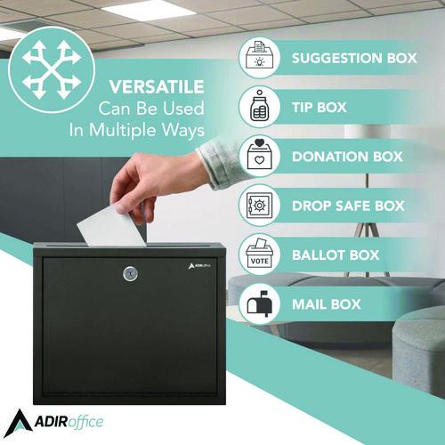 Image of AdirOffice ADI63103BLKMK Large Size Steel Multi-Purpose Secure Drop Box, 12 x 3 x 10, Black