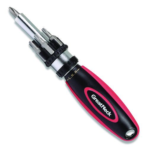 Image of Great Neck® 950DE Ratcheting Screw/Nut Driver Set, Phillips/Slotted/Star Bits, 7" Long, Black/Red