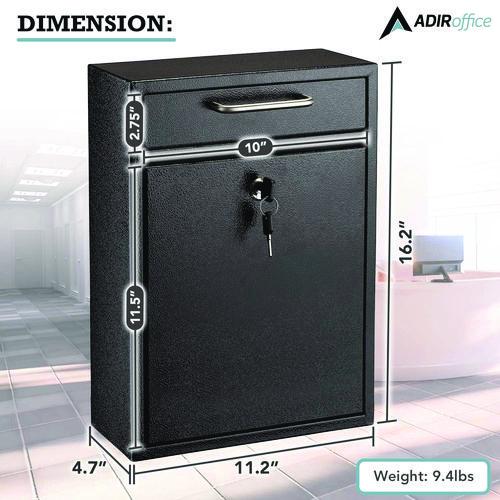 Image of AdirOffice Large Ultimate Secure Drop Box Wall Mounted Mail Box, 11.2 x 4.7 x 16.2, Black