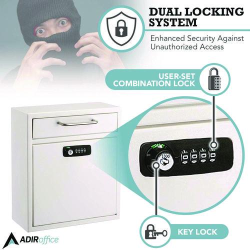 Image of AdirOffice ADI63105WHIKCMK Medium Secure Drop Box Wall Mounted Locking Mail Box with Key and Combination Lock, 10.51 x 4.72 x 12, White