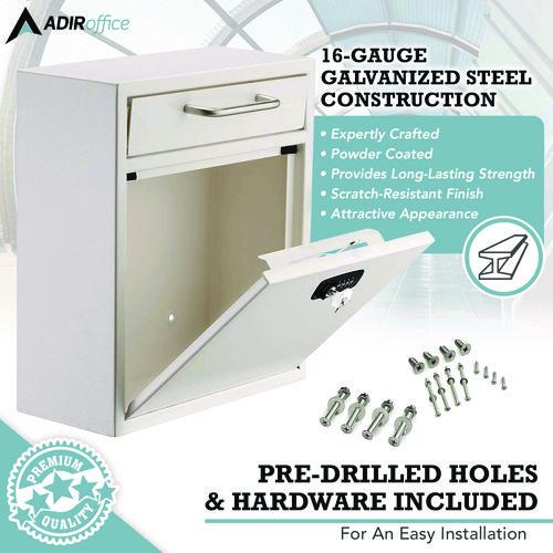 Image of AdirOffice ADI63105WHIKCMK Medium Secure Drop Box Wall Mounted Locking Mail Box with Key and Combination Lock, 10.51 x 4.72 x 12, White