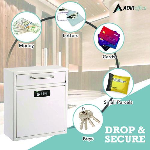 Image of AdirOffice ADI63105WHIKCMK Medium Secure Drop Box Wall Mounted Locking Mail Box with Key and Combination Lock, 10.51 x 4.72 x 12, White