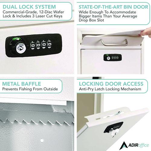 Image of AdirOffice ADI63105WHIKCMK Medium Secure Drop Box Wall Mounted Locking Mail Box with Key and Combination Lock, 10.51 x 4.72 x 12, White