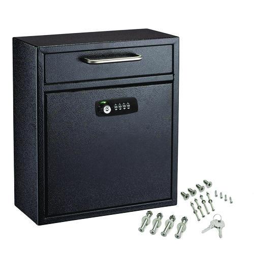 Image of AdirOffice ADI63105BLKKCMK Medium Secure Drop Box Wall Mounted Locking Mail Box with Key and Combination Lock, 10.51 x 4.72 x 12, Black