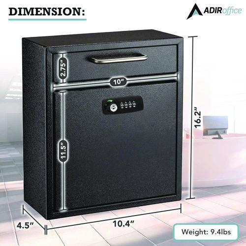 Image of AdirOffice ADI63105BLKKCMK Medium Secure Drop Box Wall Mounted Locking Mail Box with Key and Combination Lock, 10.51 x 4.72 x 12, Black