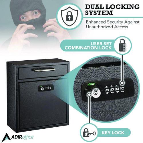 Image of AdirOffice ADI63105BLKKCMK Medium Secure Drop Box Wall Mounted Locking Mail Box with Key and Combination Lock, 10.51 x 4.72 x 12, Black