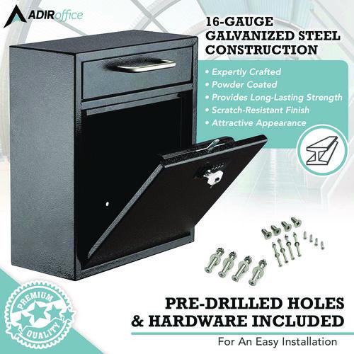 Image of AdirOffice ADI63105BLKKCMK Medium Secure Drop Box Wall Mounted Locking Mail Box with Key and Combination Lock, 10.51 x 4.72 x 12, Black