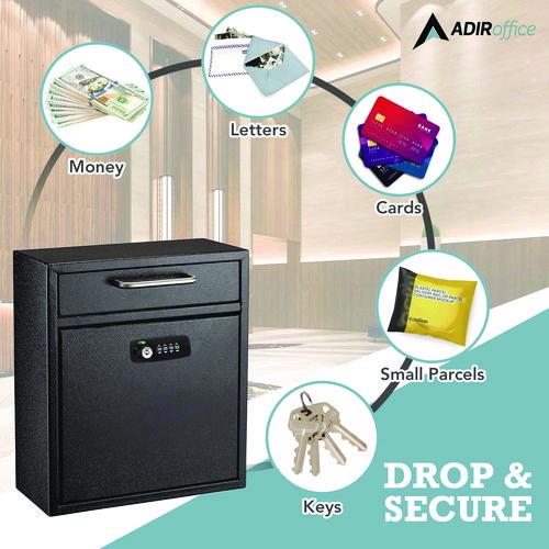 Image of AdirOffice ADI63105BLKKCMK Medium Secure Drop Box Wall Mounted Locking Mail Box with Key and Combination Lock, 10.51 x 4.72 x 12, Black