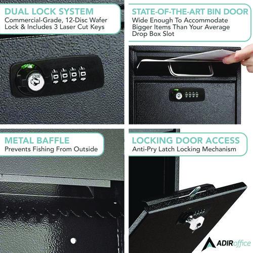 Image of AdirOffice ADI63105BLKKCMK Medium Secure Drop Box Wall Mounted Locking Mail Box with Key and Combination Lock, 10.51 x 4.72 x 12, Black