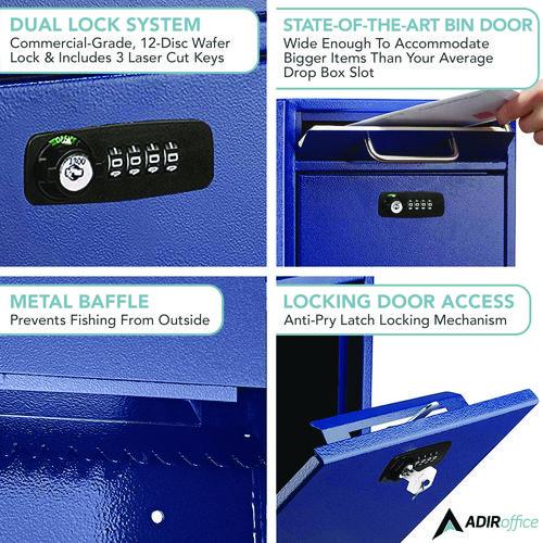Image of AdirOffice ADI63105BLUKCMK Medium Secure Drop Box Wall Mounted Locking Mail Box with Key and Combination Lock, 10.51 x 4.72 x 12, Blue