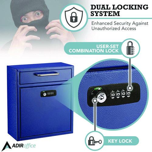 Image of AdirOffice ADI63105BLUKCMK Medium Secure Drop Box Wall Mounted Locking Mail Box with Key and Combination Lock, 10.51 x 4.72 x 12, Blue