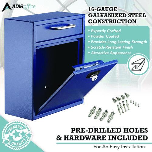 Image of AdirOffice ADI63105BLUKCMK Medium Secure Drop Box Wall Mounted Locking Mail Box with Key and Combination Lock, 10.51 x 4.72 x 12, Blue