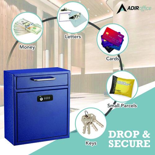 Image of AdirOffice ADI63105BLUKCMK Medium Secure Drop Box Wall Mounted Locking Mail Box with Key and Combination Lock, 10.51 x 4.72 x 12, Blue