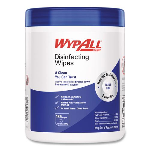 Image of WypAll® 54481 Disinfecting Wipes, 1-Ply, 5.16 x 8.5, Fresh Scent, White, 185 Sheets/Canister, 3 Canisters/Carton