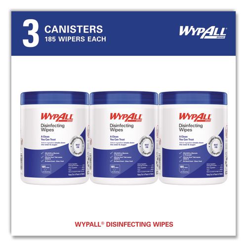 Image of WypAll® 54481 Disinfecting Wipes, 1-Ply, 5.16 x 8.5, Fresh Scent, White, 185 Sheets/Canister, 3 Canisters/Carton