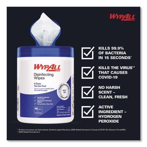 Image of WypAll® 54481 Disinfecting Wipes, 1-Ply, 5.16 x 8.5, Fresh Scent, White, 185 Sheets/Canister, 3 Canisters/Carton