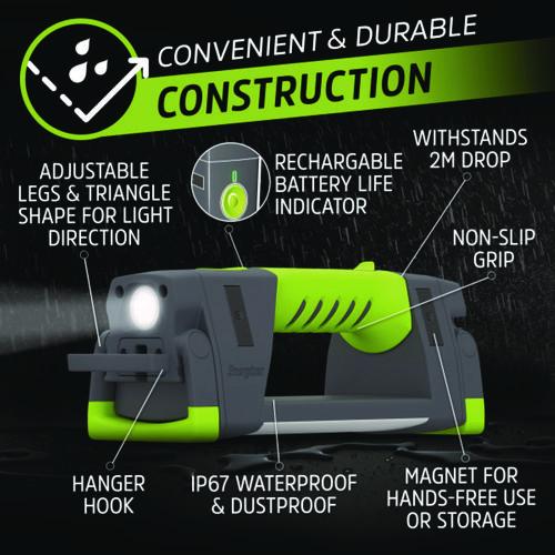 Image of Energizer® ENYPWL31 Pro Series Work Light, Rechargeable Lithium Ion Battery/3 AA Batteries (Included), Gray/Green