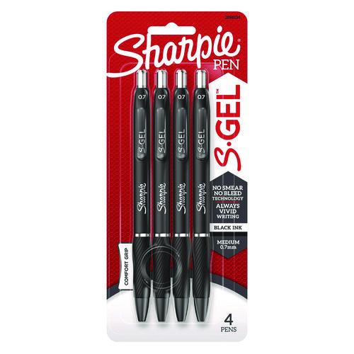 Image of Sharpie® S-Gel 2096134 S-GEL HIGH-PERFORMANCE GEL PEN, RETRACTABLE, MEDIUM 0.7 MM, BLACK INK, BLACK BARREL, 4/PACK