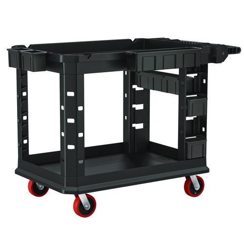 Image of Suncast Commercial® PUCHD2645 Heavy Duty Plus Utility Cart, Plastic, 2 Shelves, 6 Bins, Capacity, 26.5" x 48.78" x 34.81", Black