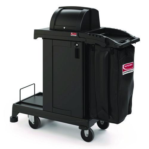Image of Suncast Commercial® CCH255A High Security Housekeeping Cart, Plastic, 1 Shelf, 3 Bins, 23.19 x 53.23 x 53.02, Black