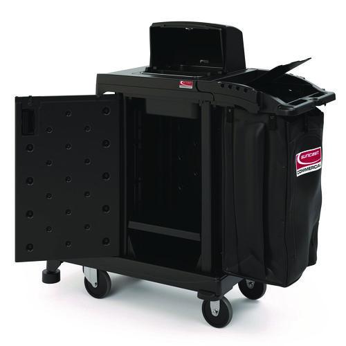 Image of Suncast Commercial® CCH255A High Security Housekeeping Cart, Plastic, 1 Shelf, 3 Bins, 23.19 x 53.23 x 53.02, Black