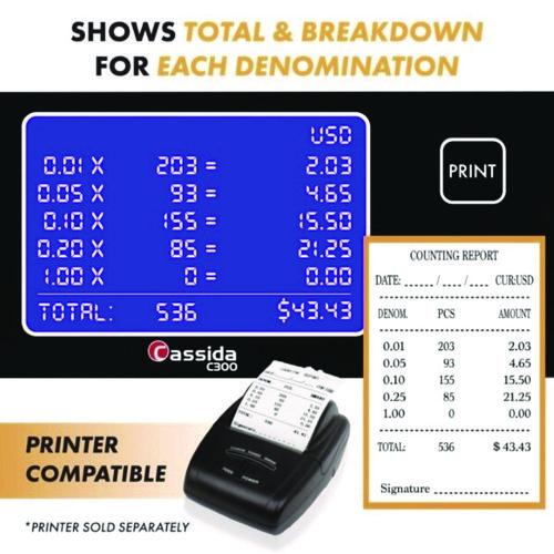 Image of Cassida C300 C300 Series Coin Sorter/Counter for Pennies, Nickels, Dimes, Quarters and Dollars, 300 coins/min, 11" x 11" x 10", Gray