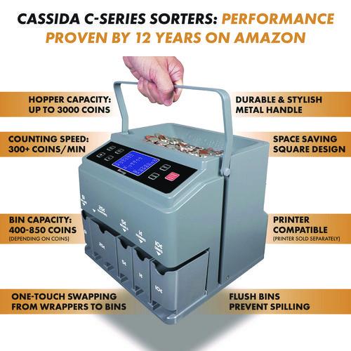 Image of Cassida C300 C300 Series Coin Sorter/Counter for Pennies, Nickels, Dimes, Quarters and Dollars, 300 coins/min, 11" x 11" x 10", Gray
