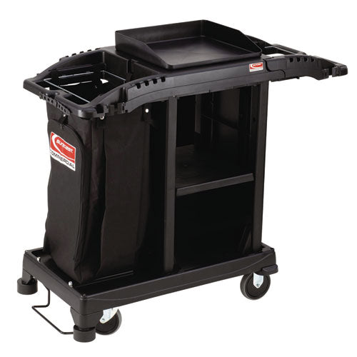 Image of Suncast Commercial® HKCCT100 Compact Standard Housekeeping Cart, Plastic, 1 Shelf, 23.25" x 53.18" x 46.57", Black