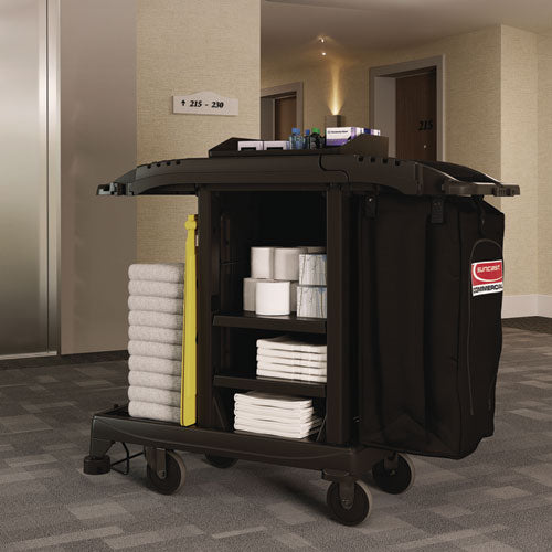 Image of Suncast Commercial® HKCCT100 Compact Standard Housekeeping Cart, Plastic, 1 Shelf, 23.25" x 53.18" x 46.57", Black