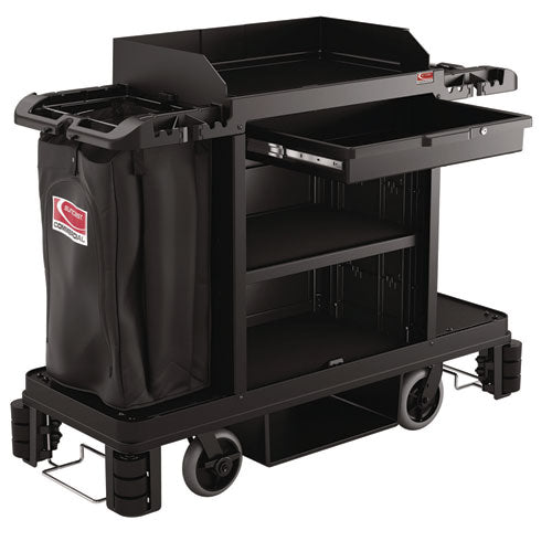 Image of Suncast Commercial® HKC2002 Partially Assembled Premium Housekeeping Cart, Plastic, 1 Shelf, 24 x 62.13 x 49.75, Black