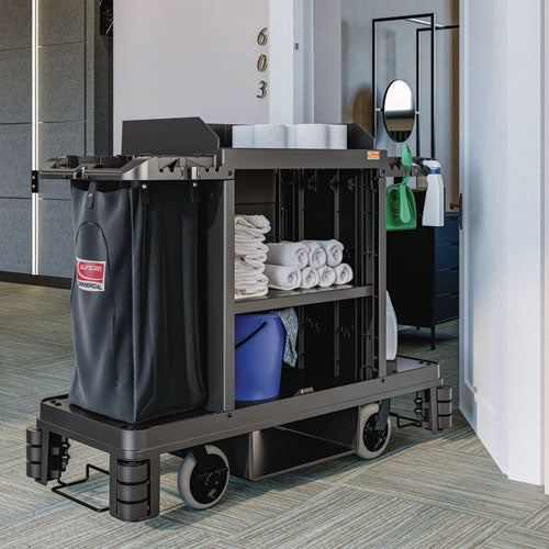 Image of Suncast Commercial® HKC2002 Partially Assembled Premium Housekeeping Cart, Plastic, 1 Shelf, 24 x 62.13 x 49.75, Black