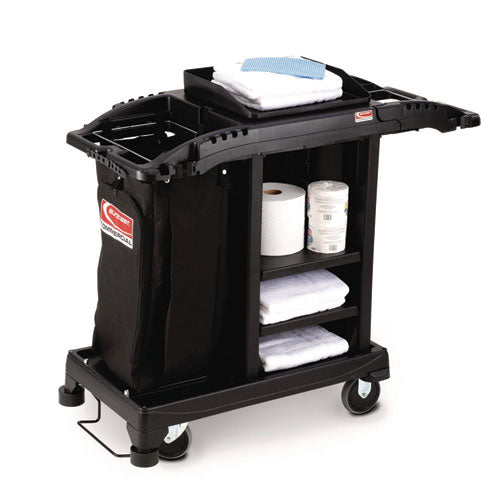 Image of Suncast Commercial® HKCCT100 Compact Standard Housekeeping Cart, Plastic, 1 Shelf, 23.25" x 53.18" x 46.57", Black