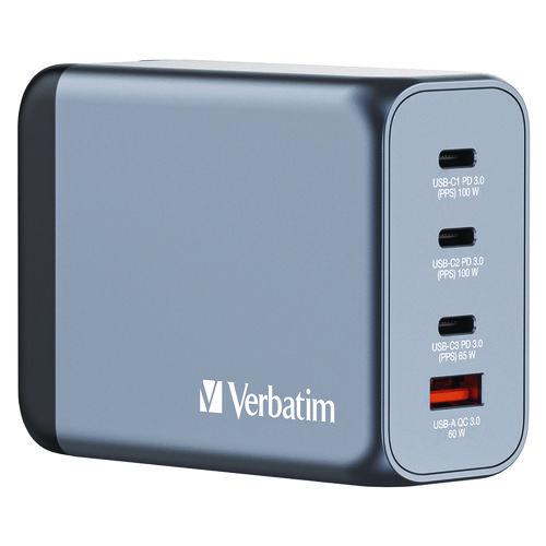 Image of Verbatim® 32204 200 W 4-Port GaN Wall Charger, Black/Gray