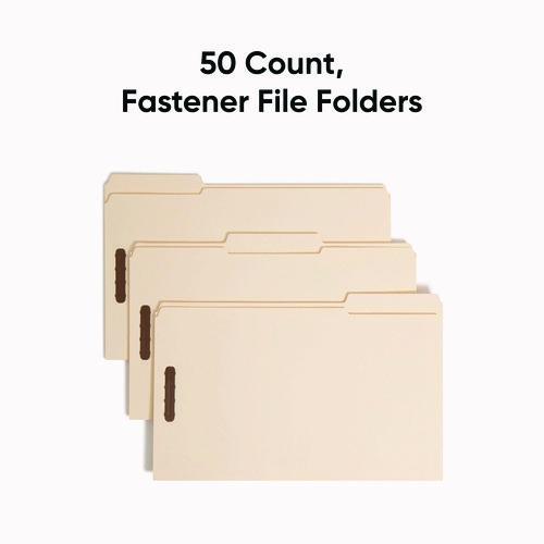 Image of Smead Top Tab Fastener Folders, 1/3-Cut Tabs: Assorted, 0.75" Expansion, 2 Fasteners, Legal Size, Manila Exterior, 50/Box