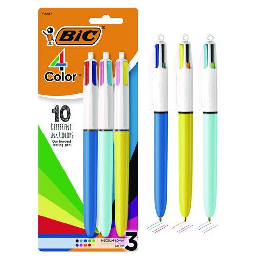 Image of BIC® MMXP31-AST 4-Color Multi-Color Ballpoint Pen, Retractable, Medium 1 mm, Assorted Ink and Barrel Colors, 3/Pack