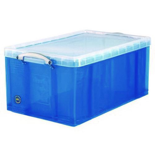 Image of Really Useful Box® 64L TBL Snap-Lid Storage Bin, 16.9 Gal, 17.31" X 28" X 12.25", Transparent Blue