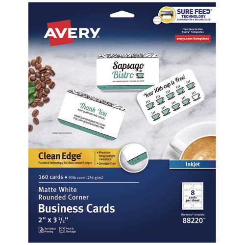 Image of Avery® 88220 Print-to-the-Edge Business Cards with Rounded Corners, Inkjet, 2 x 3.5, White, 8 Cards/Sheet, 20 Sheets/Pack