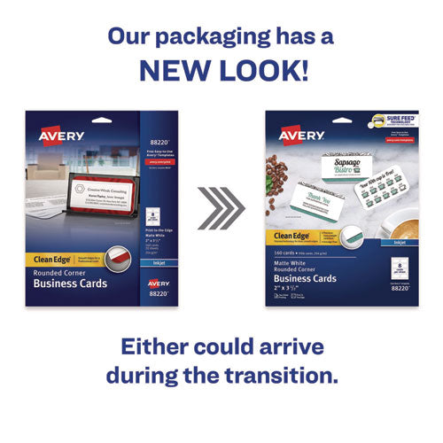 Image of Avery® 88220 Print-to-the-Edge Business Cards with Rounded Corners, Inkjet, 2 x 3.5, White, 8 Cards/Sheet, 20 Sheets/Pack